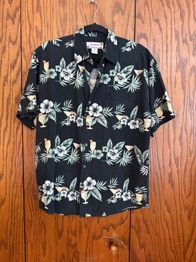 SUMMA Silk Hawaiian Shirt Cocktail Print Black Short Sleeve Tropical Medium